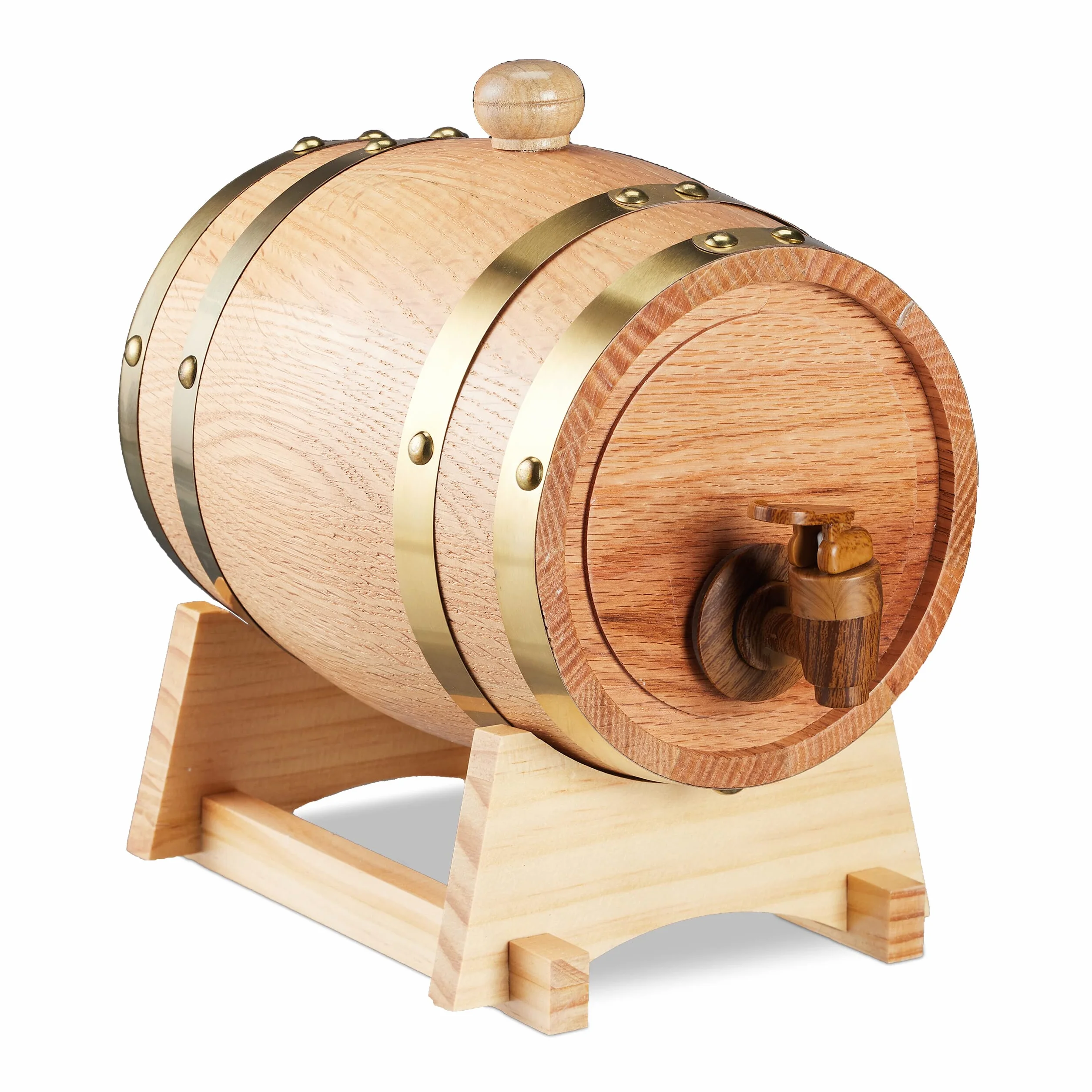 Relaxdays Botte da 1,25 Litri per Liquori, Piccolo Barile in Legno di Quercia, con Rubinetto, per Whisky, Vino, Marrone