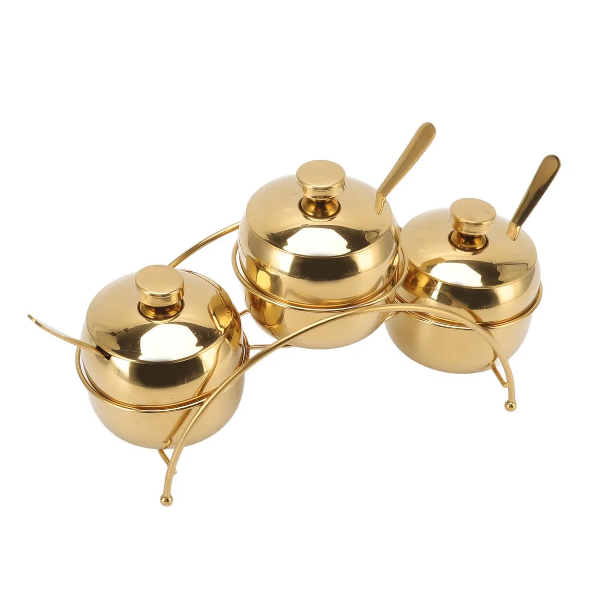 Set di barattoli per condimenti, in acciaio inox, per sale e pepe, con coperchio e cucchiaio, per condimenti da cucina, con ripiano (dorato)