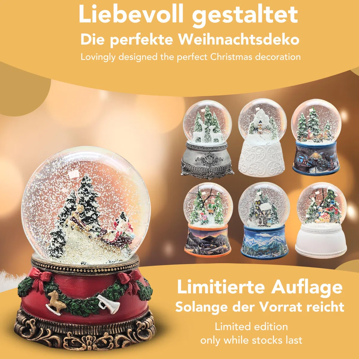 Palla di neve natalizia con carillon | Babbo Natale sul slitta | Base natalizia rossa con ghirlanda di abete | con musica | Palla di neve decorazione natalizia | L: 10 cm A: 14 cm | 20276