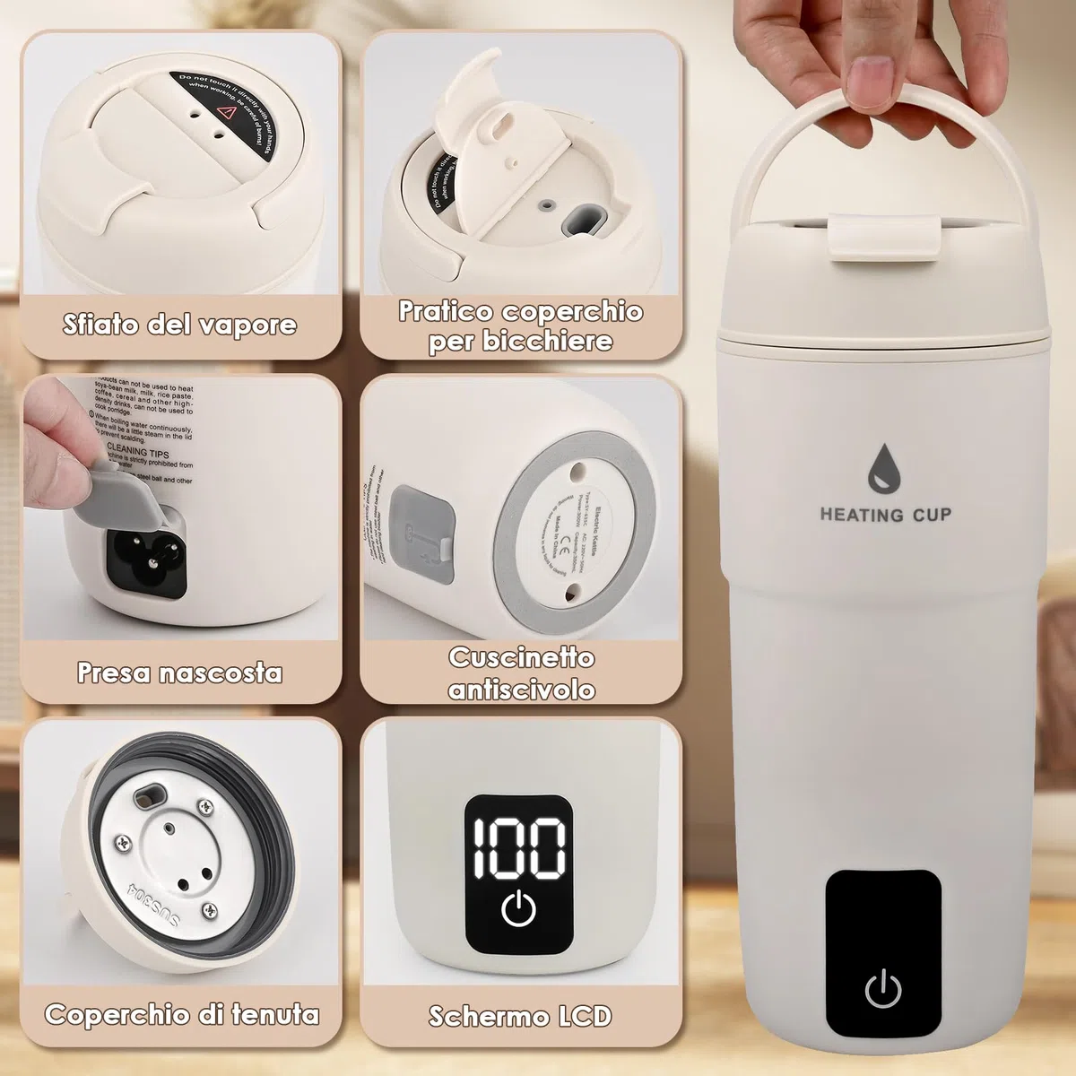 GuKKK Bollitore da Viaggio Piccolo Elettrico, 350 ml, 3 in 1 Doppio Strato 304 Bollitore in Acciaio Inox Spegnimento Automatico con Regolazione della Temperatura per latte per bambini,hotel,caffè