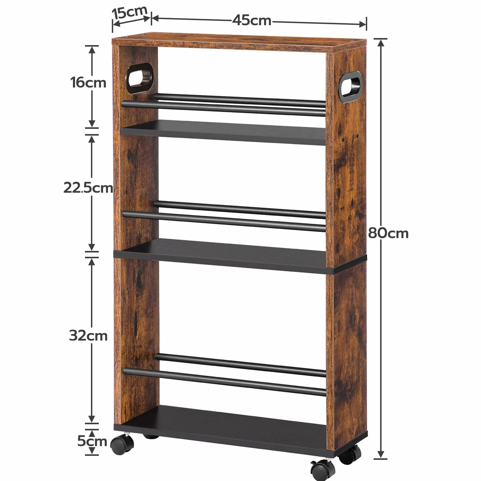 HOOBRO Carrello di Servizio, Carrello da Cucina a 4 Ripiani, Stretto, con Rotelle Bloccabili, Bordi Rialzati Montaggio Facile, in Cucina, Bagno, Soggiorno, Marrone Vintage, EBF15TC01