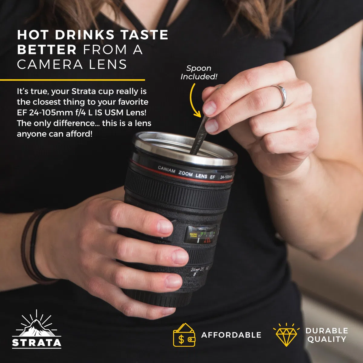 STRATA CUPS Tazza Teleobiettivo da Viaggio 400 ml + 2 COPERCHI + CUCCHIAIO - Mug Termica per Caffè in Acciaio Inossidabile a Forma di Obiettivo di Fotocamera Reflex, Regalo Originale per Fotografo