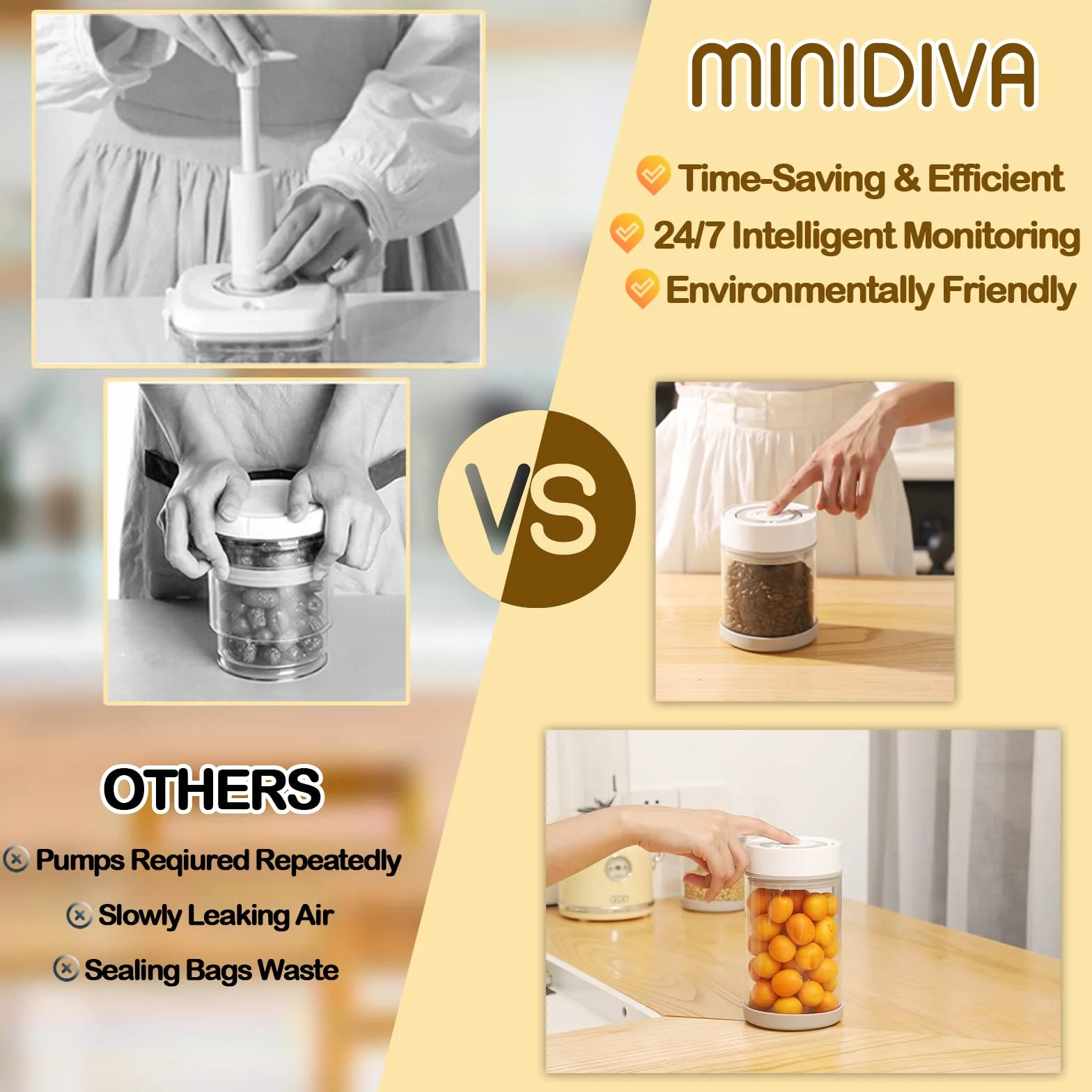 Minidiva Smart Vacuum Container, contenitore automatico elettrico ermetico in vetro per alimenti per la conservazione del caffè preparazione pasto (950ml) bianco