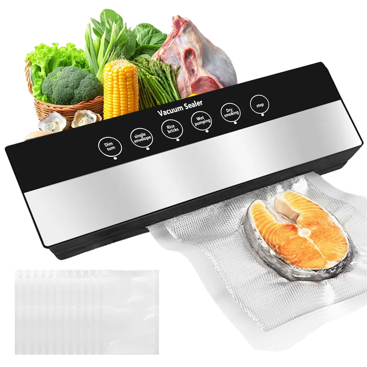 Macchina per sottovuoto 6 in 1 con 50 sacchetti sottovuoto, macchina per sottovuoto per alimenti, 8 volte più a lungo, macchina sottovuoto multifunzione per cucina e conservazione degli alimenti
