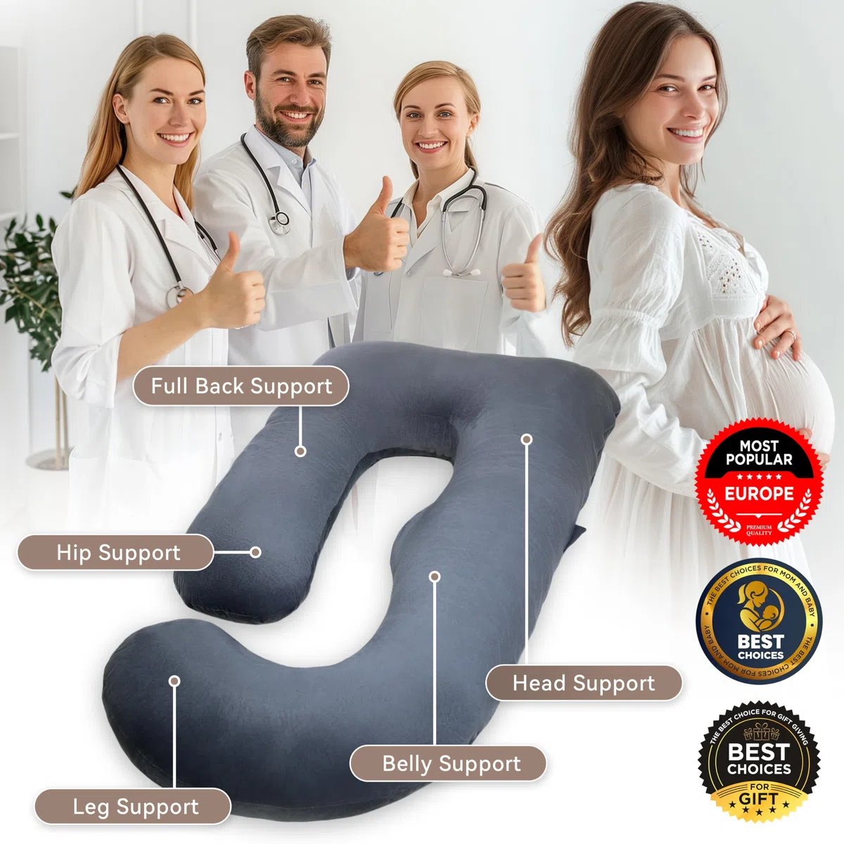 Cuscino Gravidanza,Cuscino Gravidanza per Dormire a Forma di U Supporto Maternità,Supporto per Schiena,Fianchi,Gambe, Pancia per Donne Incinte (Velluto Grigio)