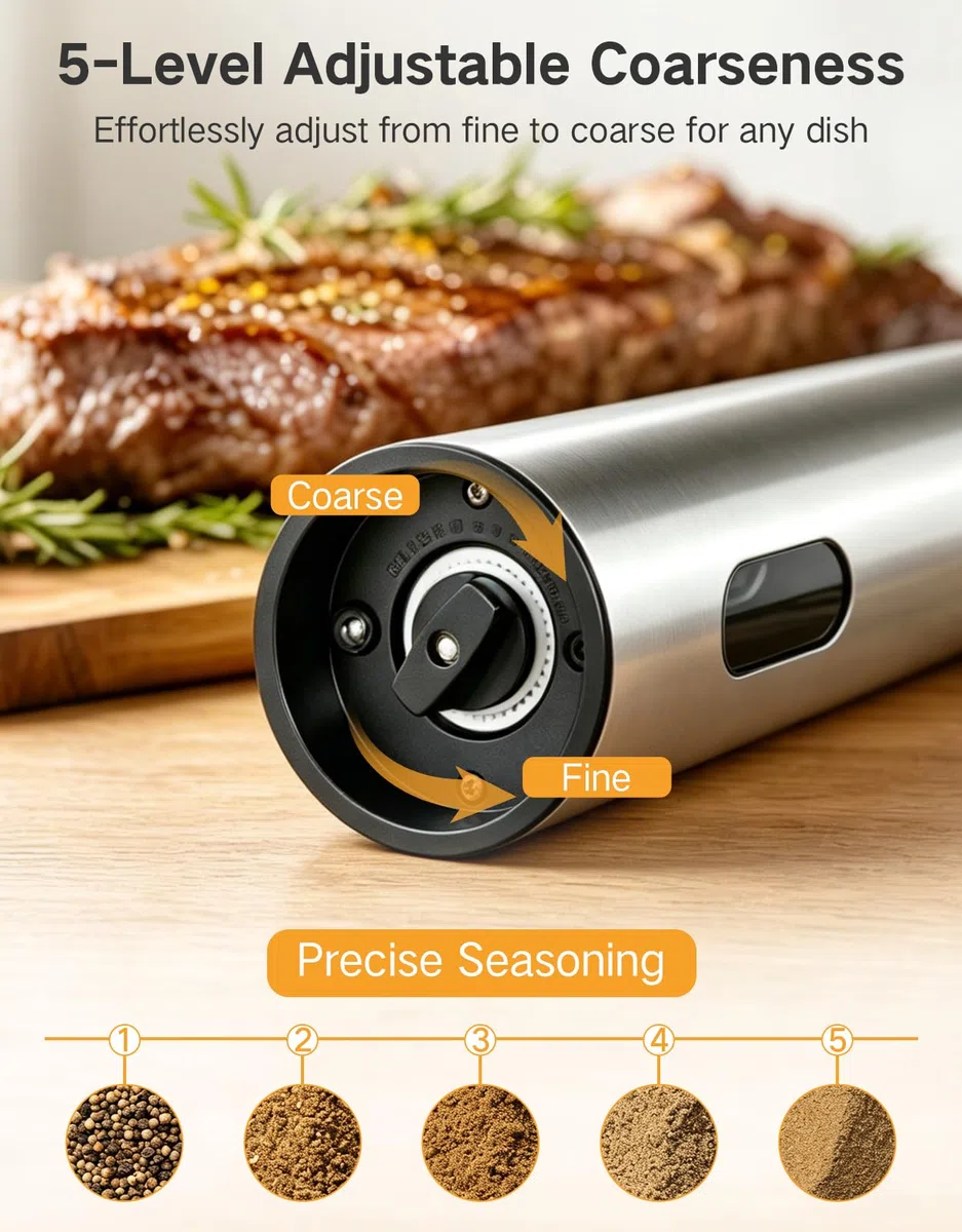 Molino Eléctrico Sal y Pimienta Recargable Set de 2 Piezas 110 ml Base de Carga USB-C Luz LED Grado de Molienda Ajustable Automático Ideal Regalo Cocina y Hogar