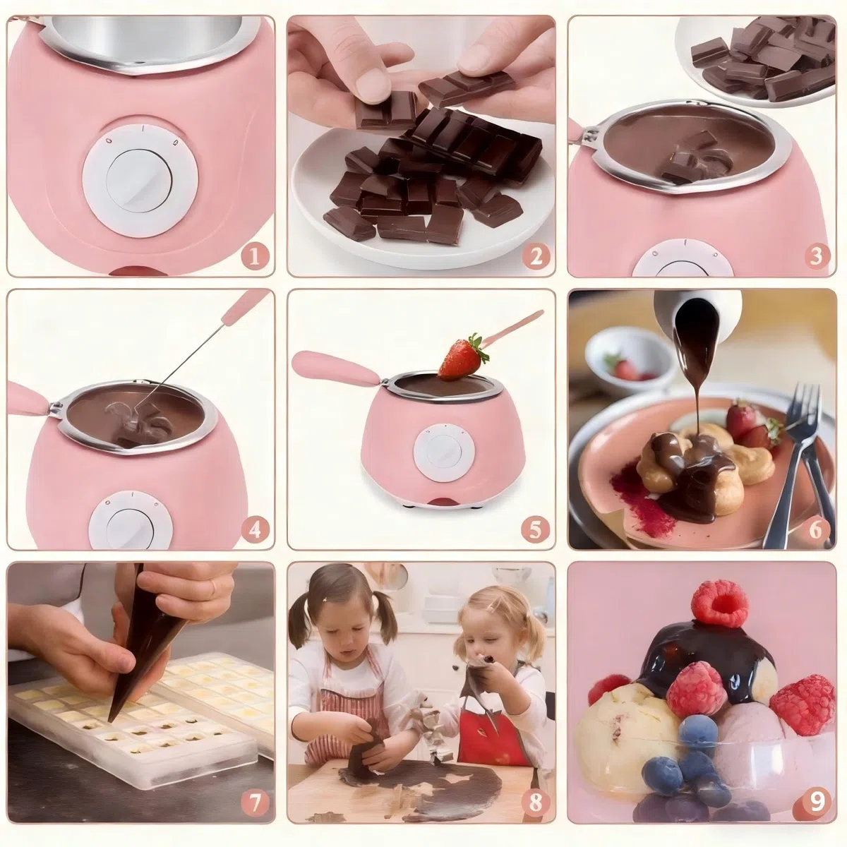 Scioglie Il Cioccolato Elettrico, Set per fonduta di cioccolato elettrico con 10 forchette, 2 temperature per sciogliere e mantenere in caldo, Kit fai da te per sciogliere il cioccolato(Rosa)