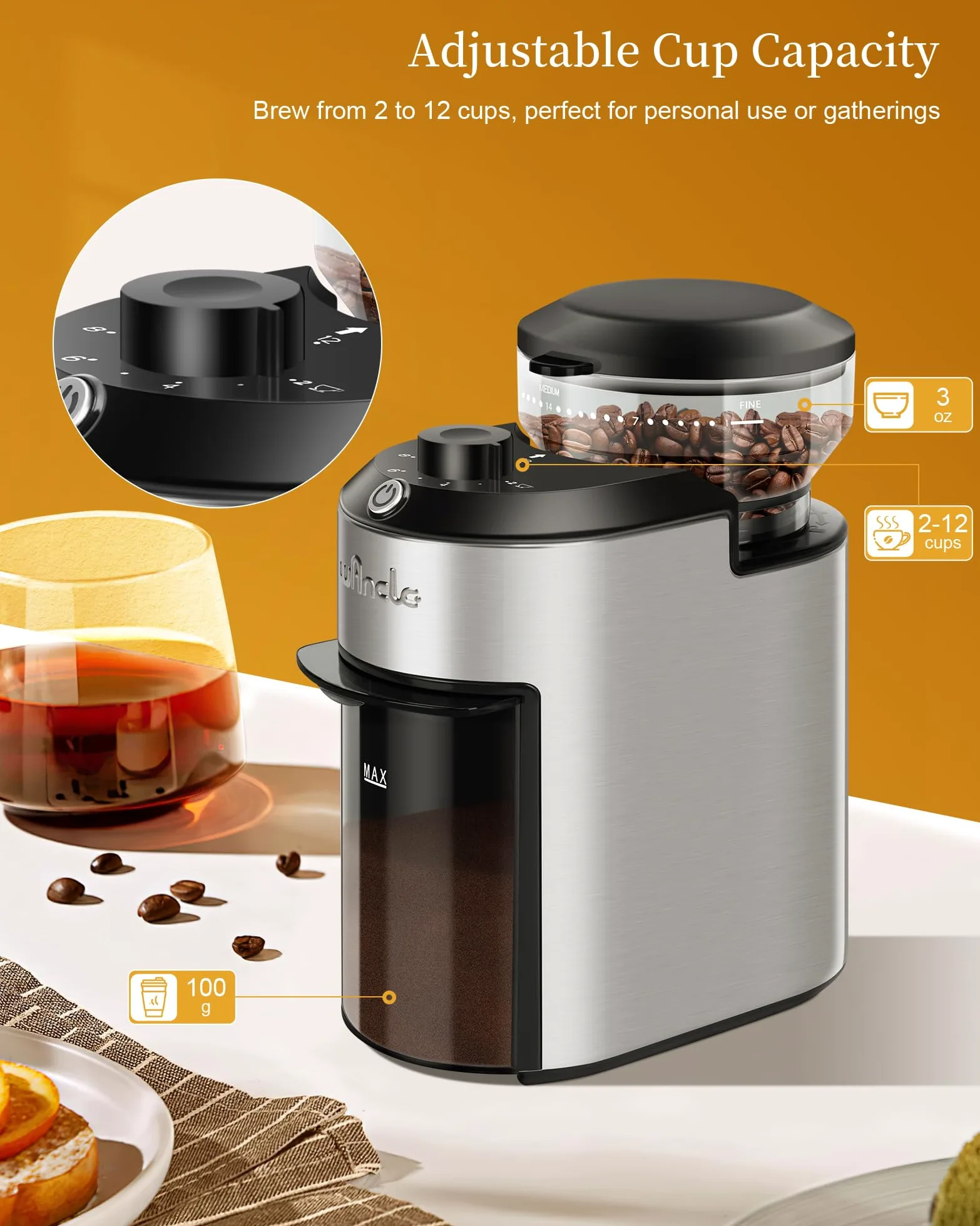 Macinacaffè a macine Wancle 200W con 28 impostazioni di macinatura, protezione dal surriscaldamento, capacità da 2 a 12 tazze, design compatto per una facile conservazione, Acciaio Inossidabile, 220V