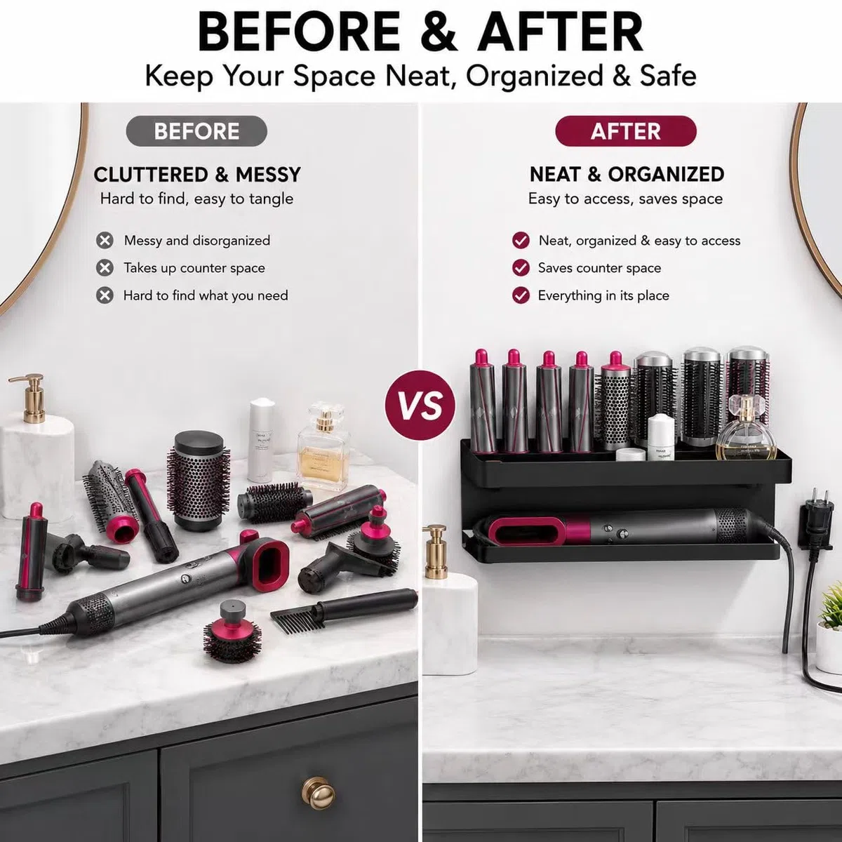 2 in 1, supporto da parete per asciugacapelli Dyson Airwrap, senza foratura, facile da riporre esteticamente gradevole, per asciugacapelli Dyson, supporto da parete e organizer in materiale