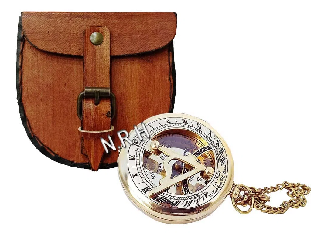 Bussola meridiana con finitura in ottone con cassa in pelle e catena, bussola a spinta aperta – accessorio Steampunk – bellissimo regalo fatto a mano – orologio meridiano