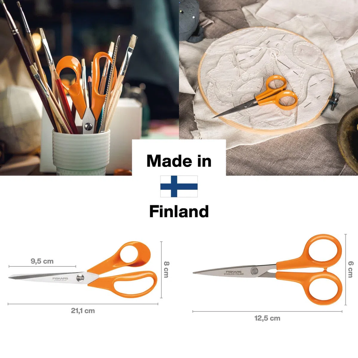 Fiskars Classic Set di forbici, Forbici multiuso (21 cm) e forbici per lavori manuali (13 cm), Lama in acciaio inox/Impugnatura in plastica, Arancione, 1003031