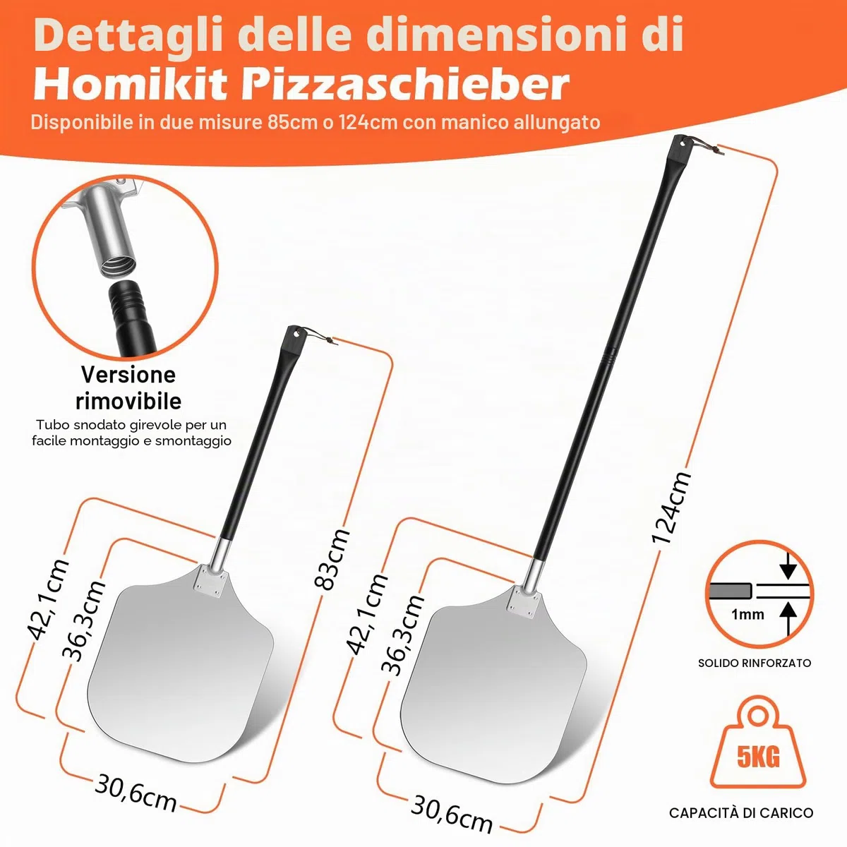 Homikit Pala per Pizza 42x30 cm Grande Paletta in Alluminio Anodizzato Duro con Manico Rimovibile Per Forno, Barbecue, Forno in Pietra