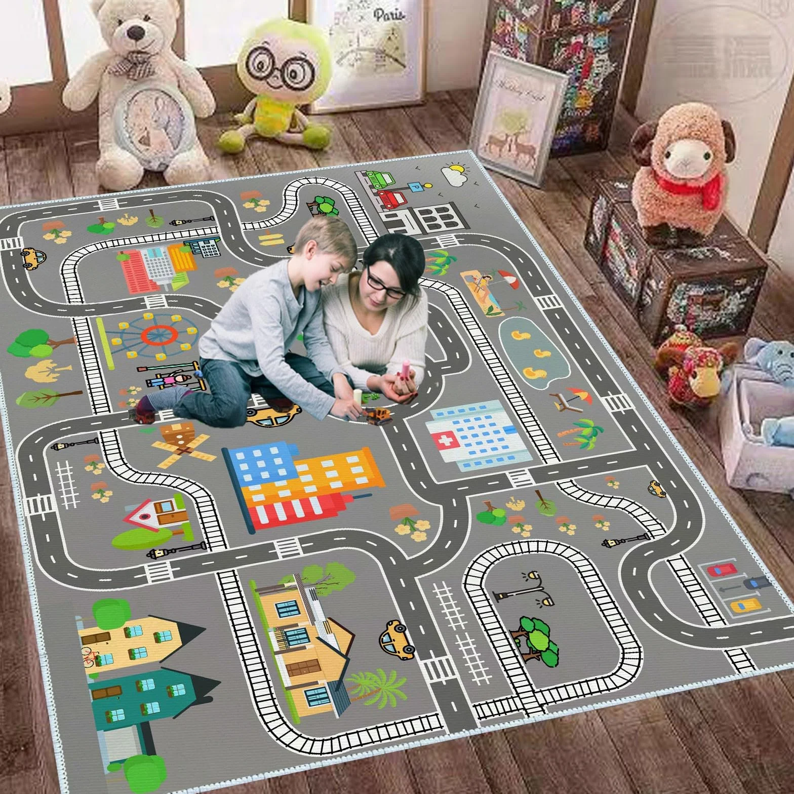 Tappeto da gioco per bambini, ragazzi e ragazze, tappeto per costruzione, area educativa della città, per camera da letto e camera dei giochi (A,80 x 120 cm)