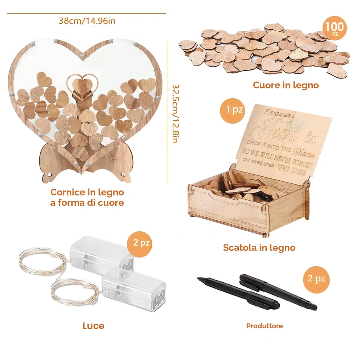 Arespark Libro degli Ospiti di Nozze, Set di Decorazioni per Matrimoni a Cuore in Legno, 100 Cuori in Legno, Scatola Portaoggetti, 2 Pennarelli, 2 Barre Luminose, Regalo, Decorazione