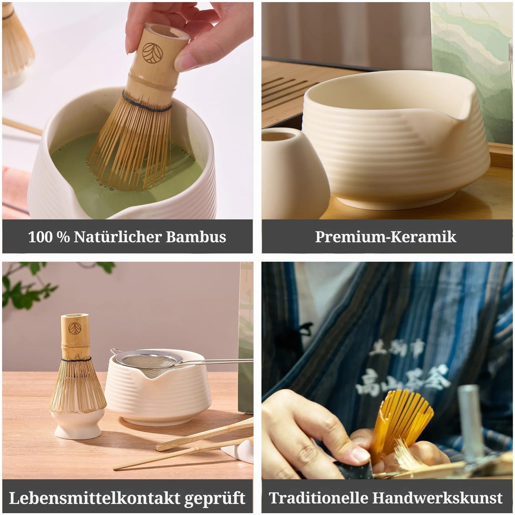 Matcha Set – Bianco – Set da tè Matcha – Scopa, ciotola, cucchiaio, scoop, colino, supporto e accessori – Kit Matcha Premium per gli amanti del matcha