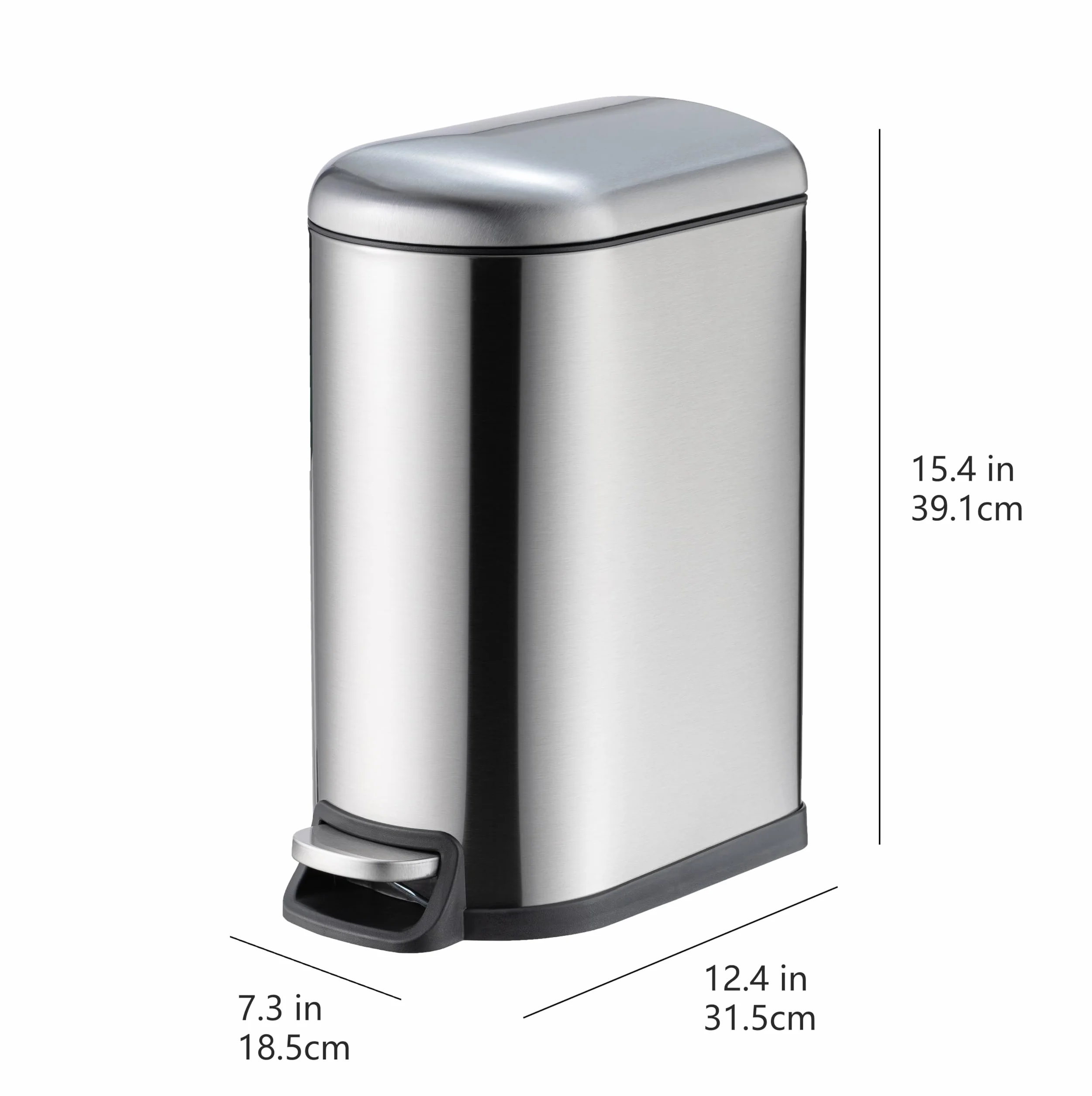 Amazon Basics Pattumiera a D, piccola, antimacchia, con pedale a chiusura ammortizzata, per bagno, camera da letto o soggiorno,sottile per spazi stretti, 10 l,in acciaio inox spazzolato, 2.6 gallons