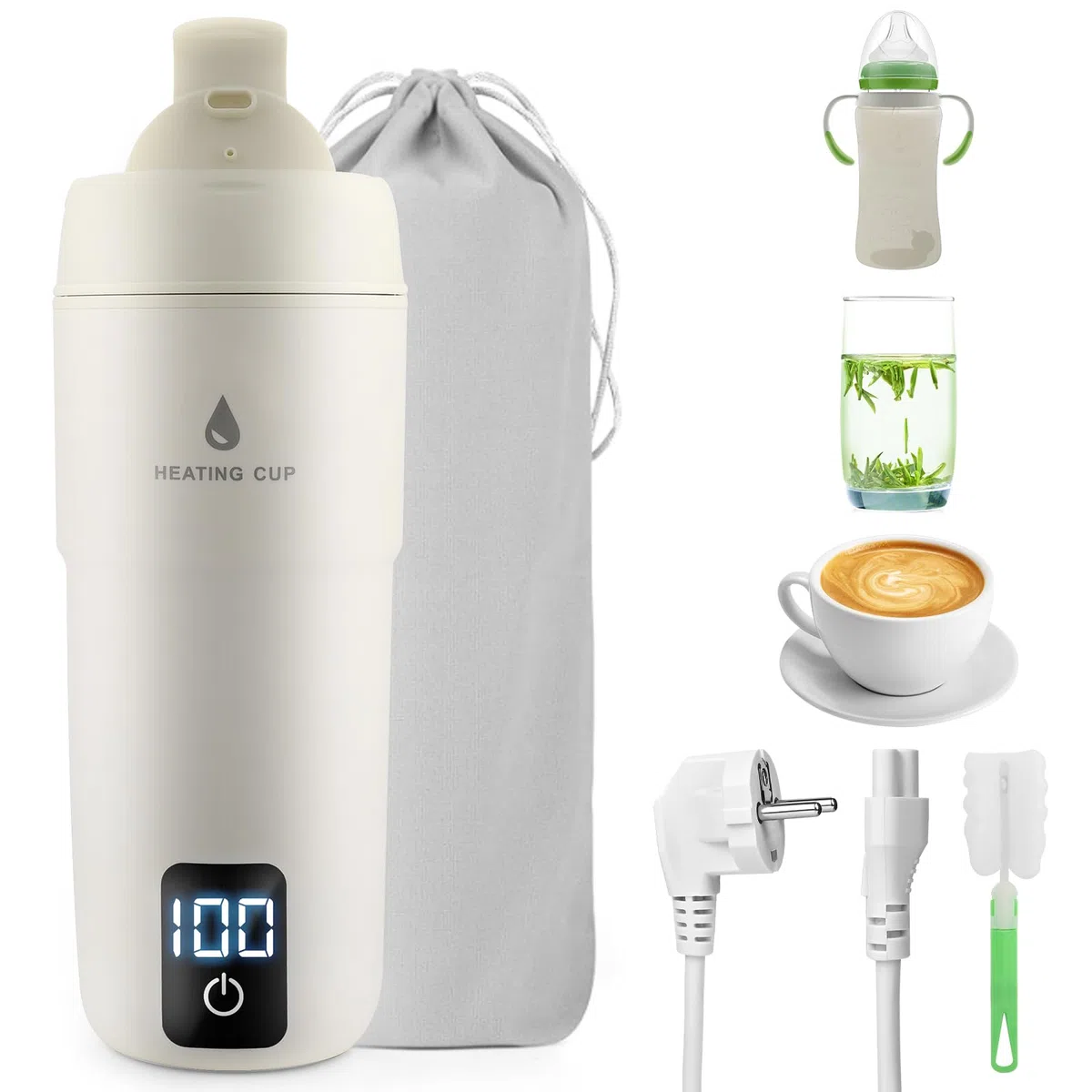 GuKKK Bollitore da Viaggio Piccolo Elettrico, 350 ml, 3 in 1 Doppio Strato 304 Bollitore in Acciaio Inox Spegnimento Automatico con Regolazione della Temperatura per latte per bambini,hotel,caffè