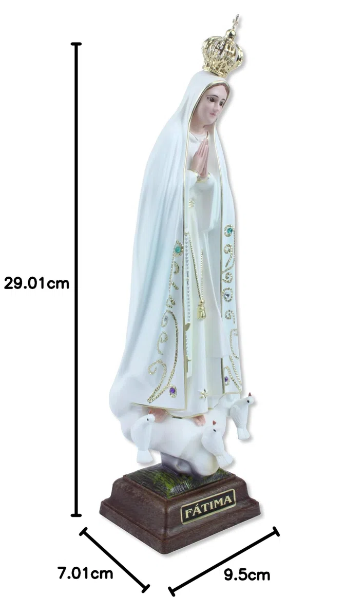Statua della Madonna di Fatima in resina dipinta a mano con occhi in vetro. Altezza cm 27