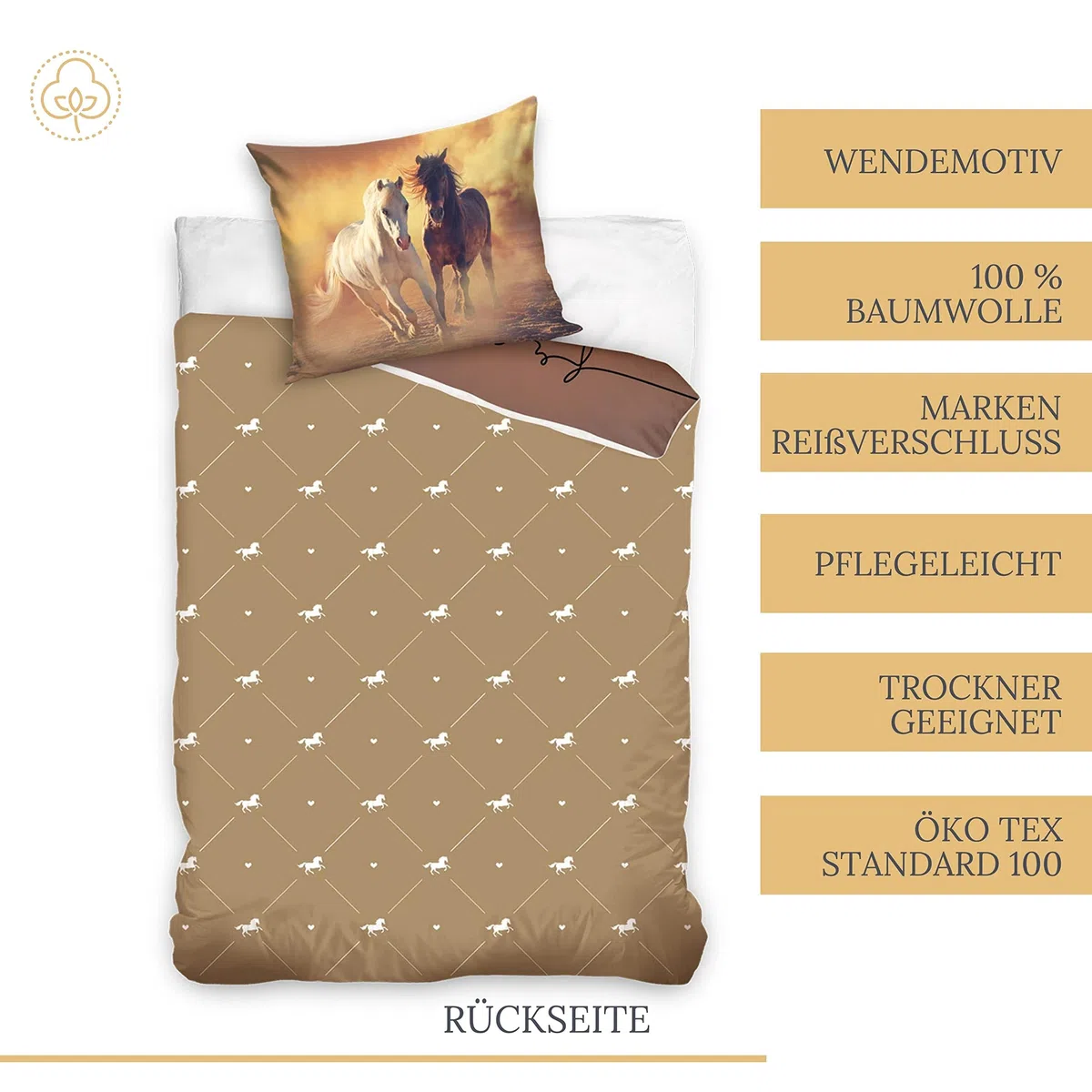 Set di biancheria da letto con cavalli, 135 x 200 cm, con motivo di cavalli, federa 80 x 80 cm, copripiumino 135 x 200 cm, 100% cotone