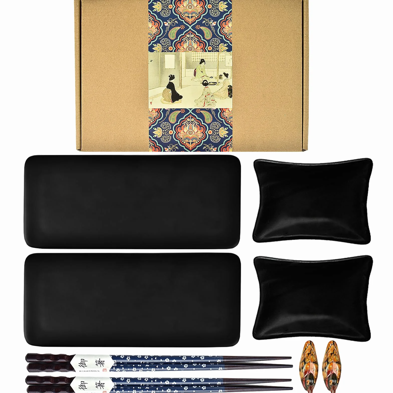 Artcome Set di piatti da sushi in ceramica in stile giapponese, 8 pezzi, con 2 piatti per sushi, 2 piatti per salsa, 2 paia di bacchette, 2 supporti per bacchette