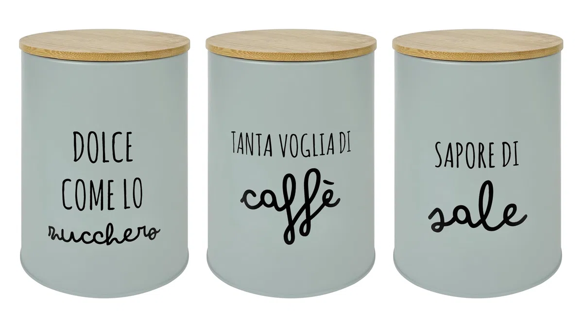IlGruppone Set 3 Pezzi Barattoli Cucina Contenitori Certificati Contatto Alimentare Contenitore Sale Zucchero Caffè Moderne Scritte Barattolo Con Coperchio Ermetico Legno Bambù - Salvia