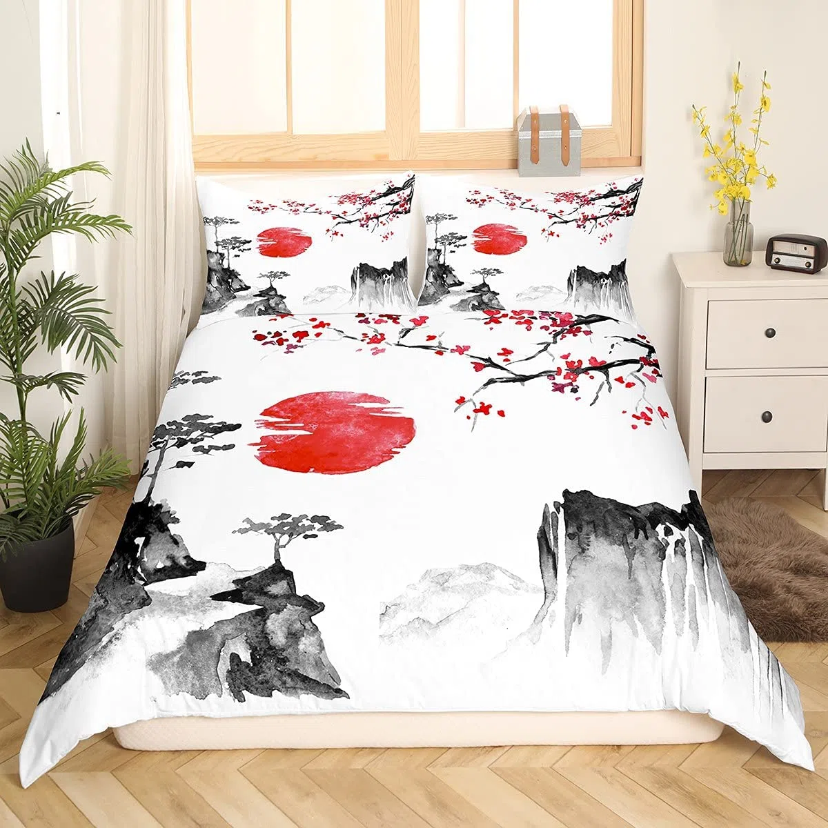 Loussiesd Set di Biancheria da Letto Ukiyoe Giapponese con Fiori di Ciliegio Rosso Sole, Copripiumino Esotico, 3 Pezzi, King Size