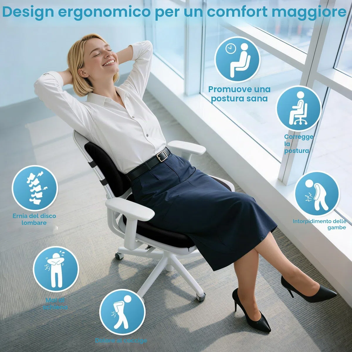 CushZone Cuscino da seduta, cuscino lombare con cinturino regolabile, per alleviare il dolore sciatica, con rivestimento lavabile in memory foam per auto, viaggio e sedia a rotelle, nero