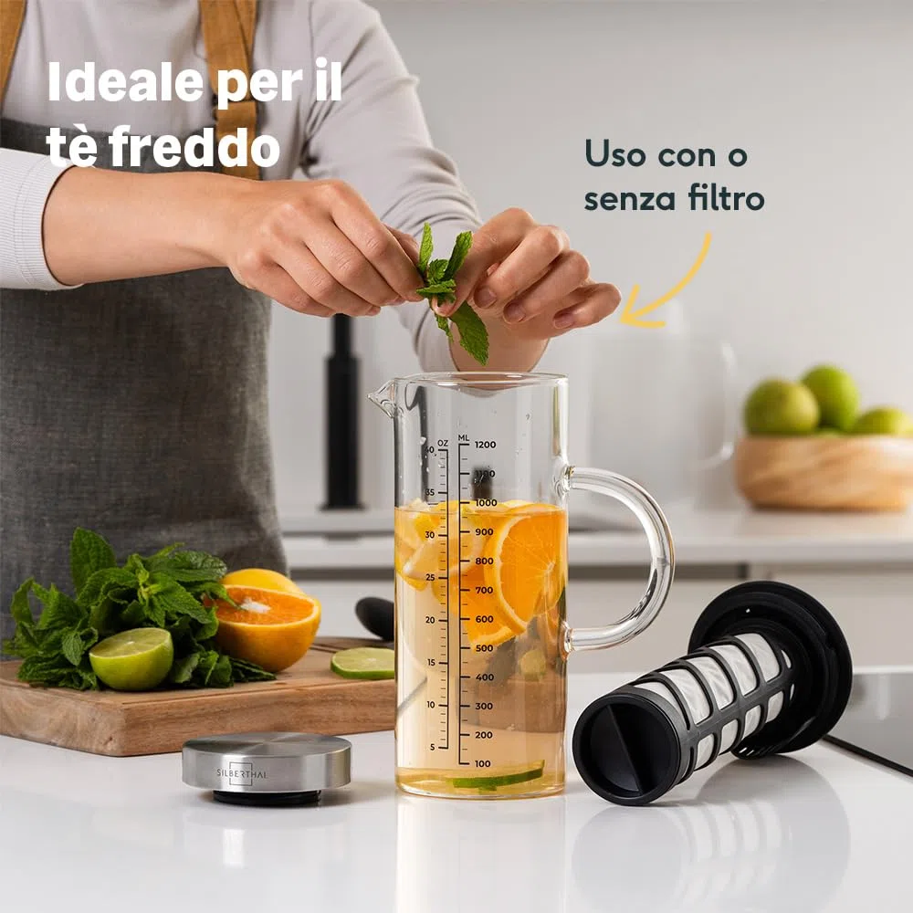 SILBERTHAL Caraffa in vetro e acciaio inossidabile, filtro a maglia fine rimovibile, 1,3 litri, brocca per acqua infusa e fredda Brew e tè ghiacciati