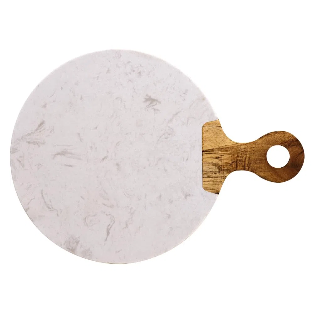 Kadum Tagliere da portata Carrara in marmo bianco e legno di acacia con manico in legno, tagliere rotondo in marmo, per colazione, cucina, formaggio, Ø 25 cm, set da 1