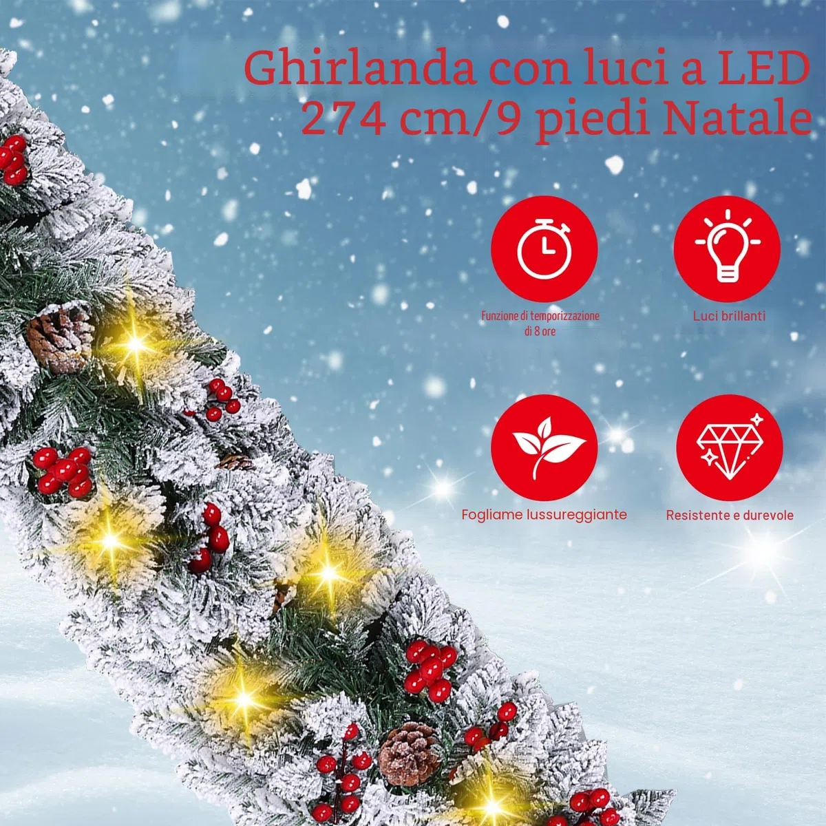 Ghirlanda natalizia con illuminazione 30 LED - Ghirlanda di abete da 2,7 m con palline di fiori illuminate - Ghirlanda natalizia in rattan natalizia per scale interni esterni natalizi