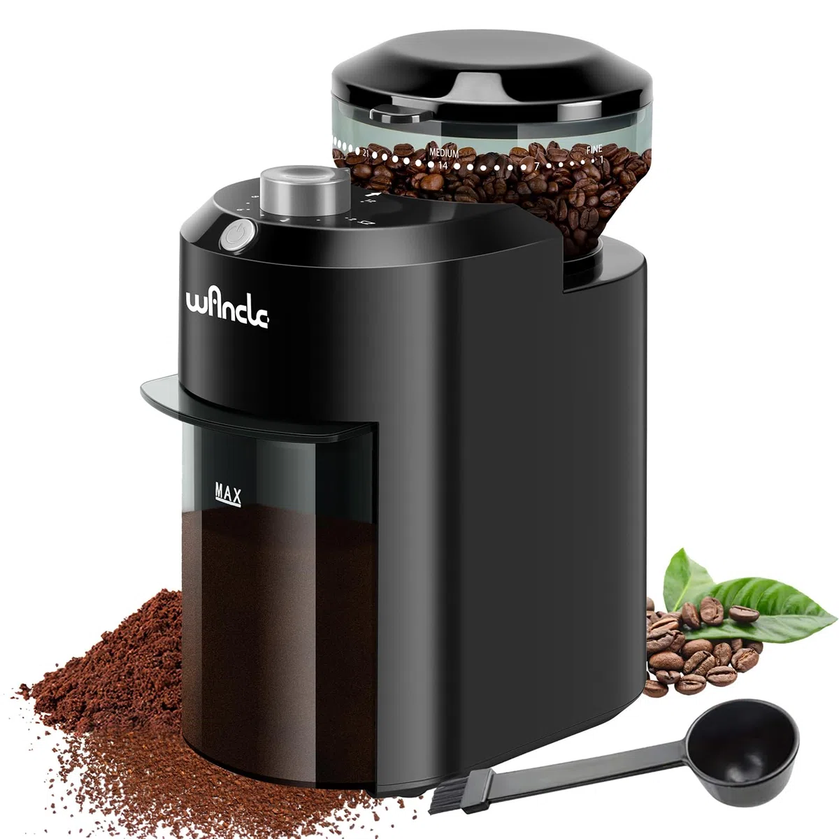 Macinacaffè, Macinacaffè Elettrico Wancle, Macinino Regolabile per Chicchi di Caffè, con 28 Impostazioni di Macinatura Precise per 12 Tazze (Plastica, Nero+Grigio)