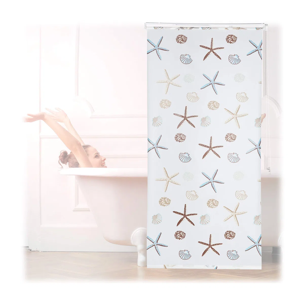 Relaxdays Tenda a Rullo Ocean, Impermeabile, Vasca, Doccia, Conchiglie, Montaggio a Soffitto, 100x240 cm, Semitrasparente