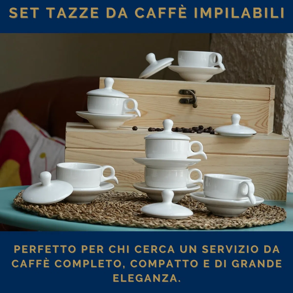 Set 6 Tazze da Caffè Impilabili con 6 Piattini 6 Coperchi Coordinati Porcellana Finitura Liscia e Raffinata Elegante Idea Regalo