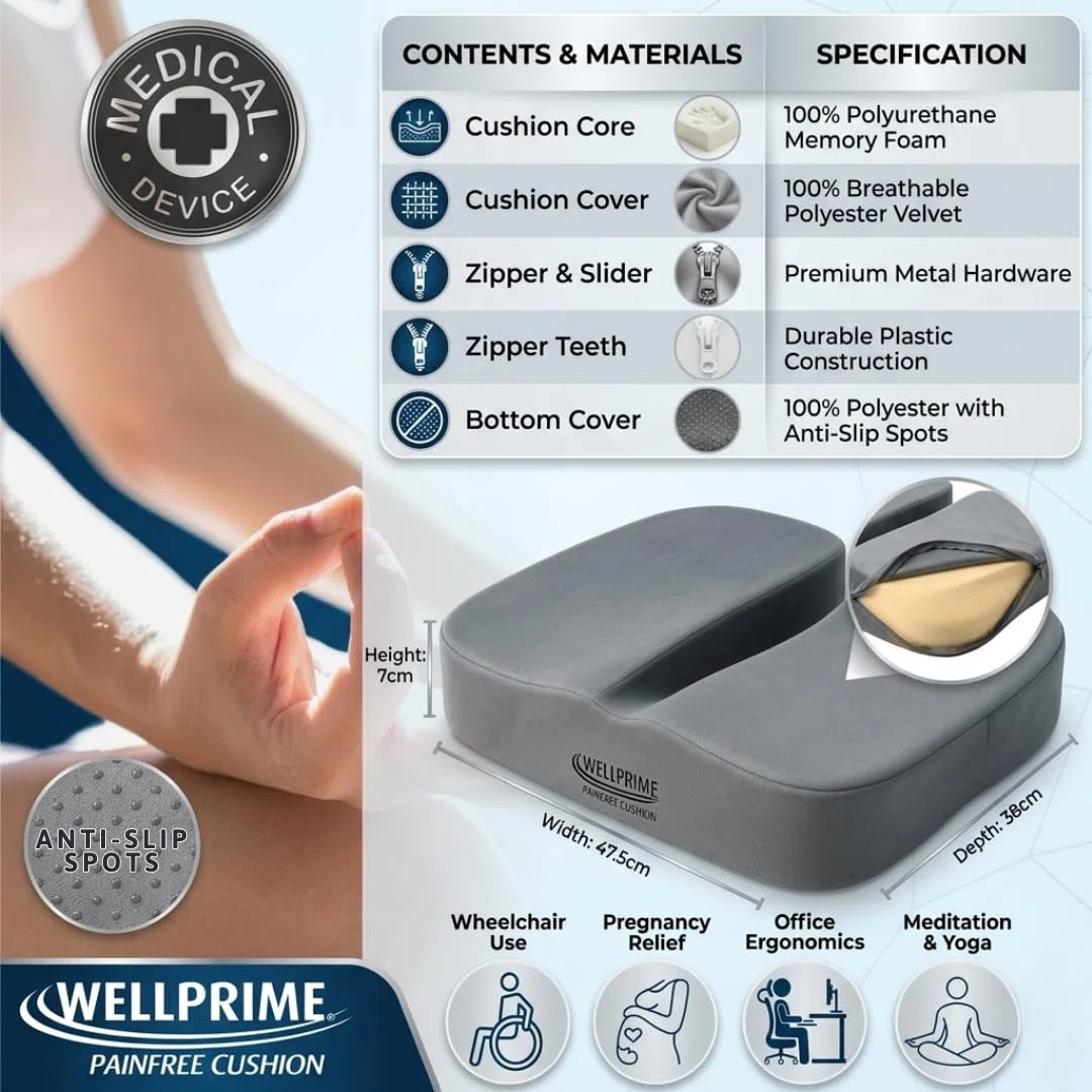 Wellprime Painfree Cushion, Cuscino ortopedico con diversi gradi di durezza, riduce la pressione sul coccige, problemi alla prostata, favorisce la circolazione sanguigna e alleggerisce il coccige