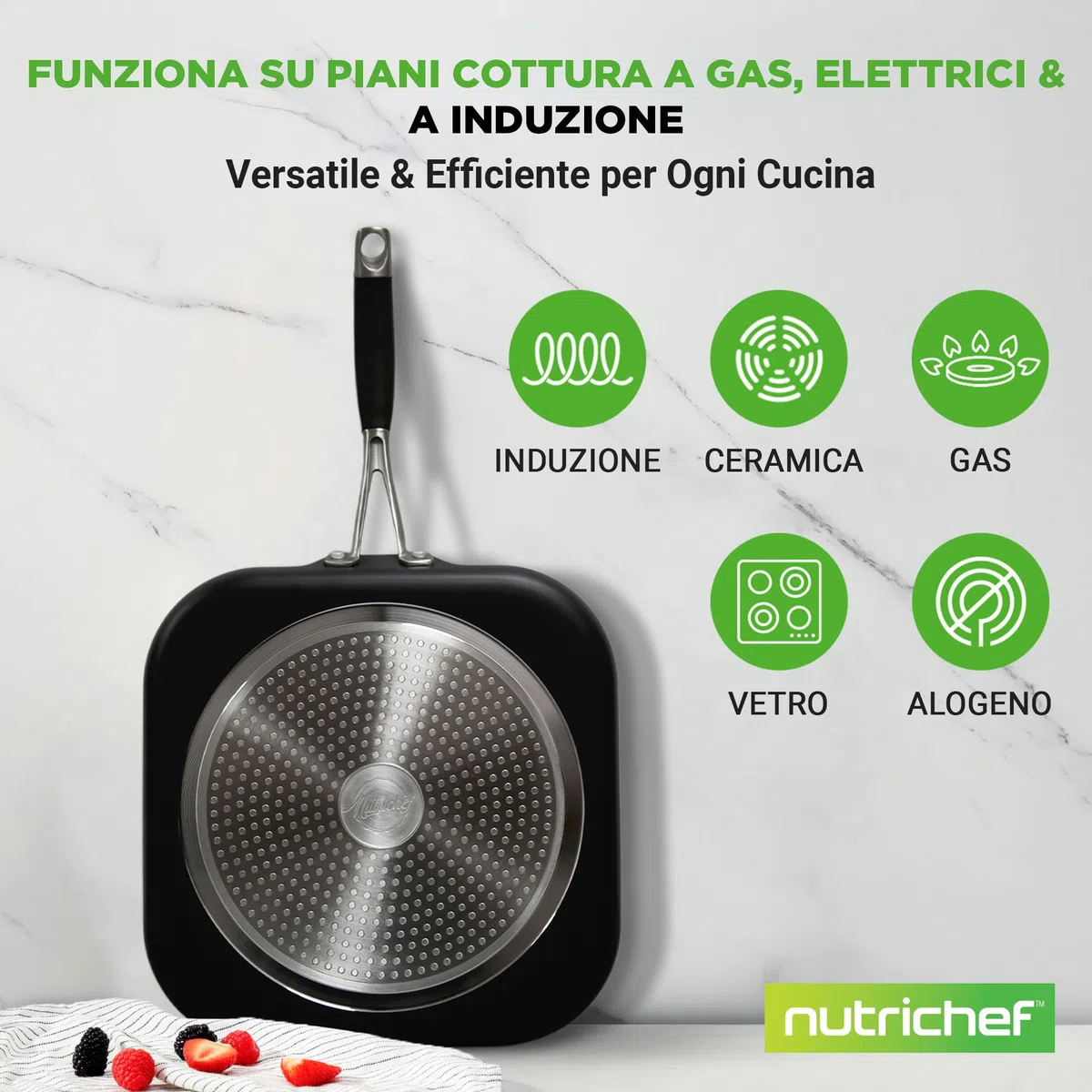 NutriChef Padella Antiaderente 26 cm, Piastra Cucina Rame, Esterno Anodizzato Resistente al Calore, Manico Silicone, Perfetta per Crepes, Pancake, Omelette, Frittata e Piadine