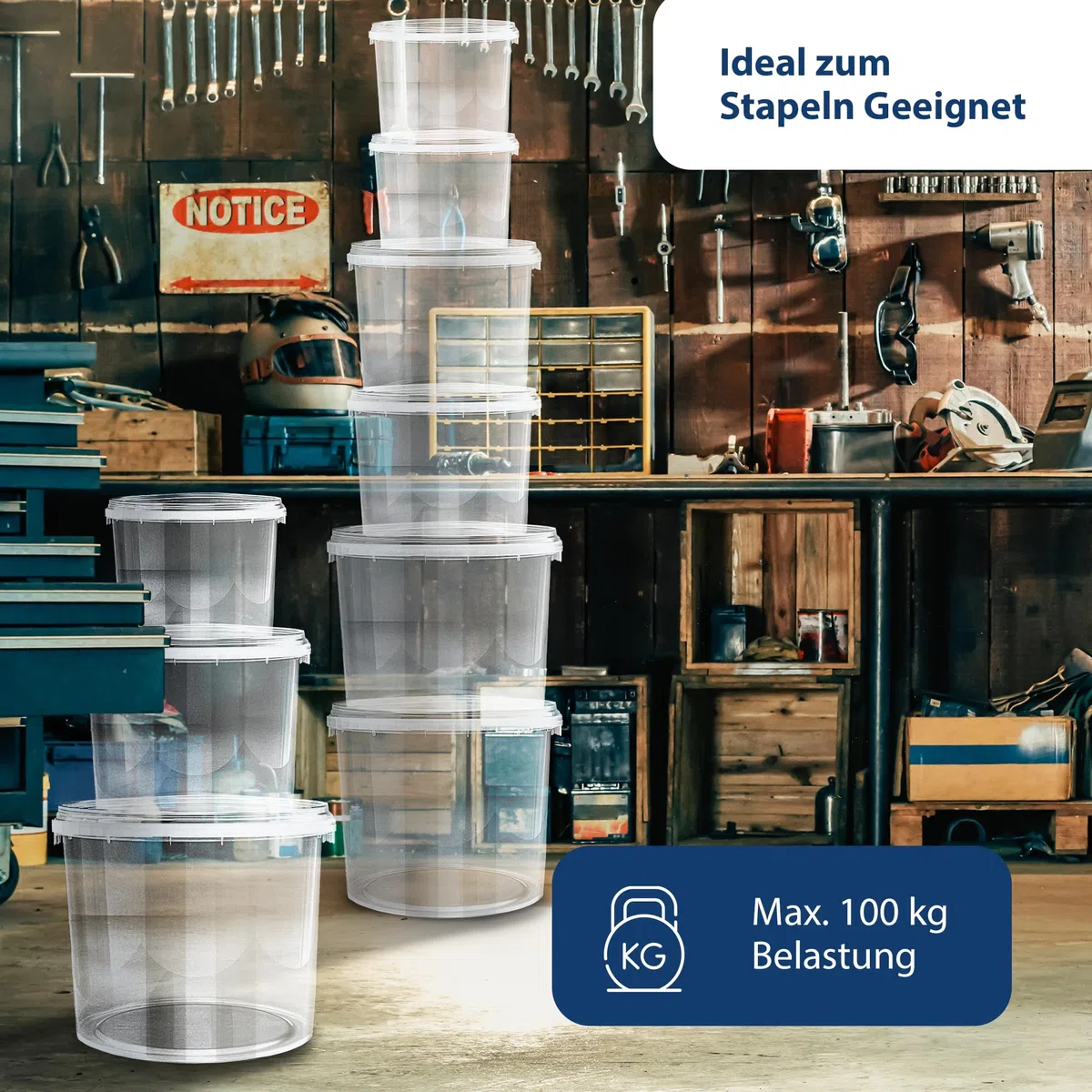 MIG Secchio trasparente con coperchio, 2,5 l, 5 x 2,5 l, ermetico e per uso alimentare, secchio in plastica con coperchio, piccolo secchio impilabile per casa e industria, secchio ideale con coperchio