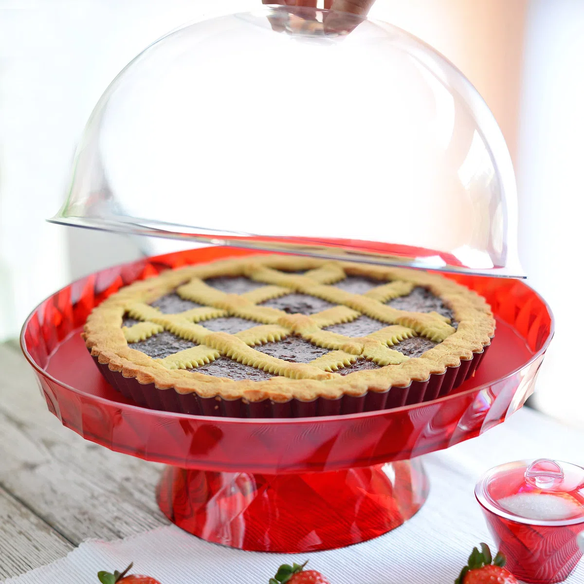 Omada Design Porta Torta con Alzata, Tortiera con Campana, Vassoio Double-face, Lavabile in Lavastoviglie, Made in Italy, Linea Diamond, Rosso