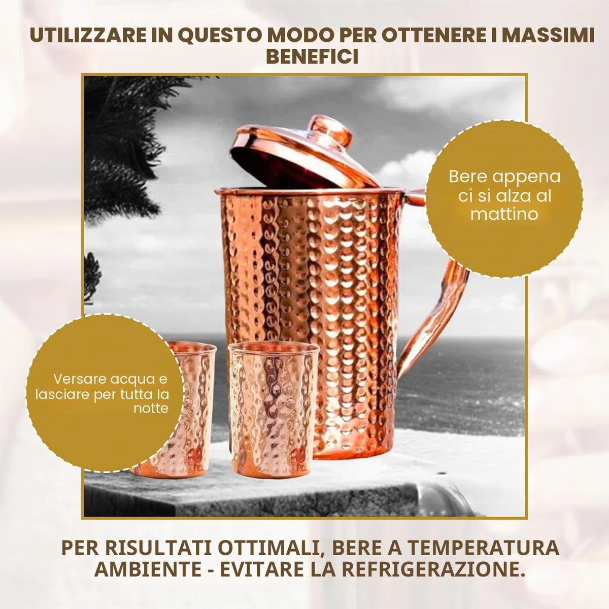 Brocca in rame puro al 100% da 1500 ml con 2 bicchieri, brocca martellata per acqua potabile con bicchieri, set di brocca in rame con coperchio e tazze, borraccia con manico, benefici per