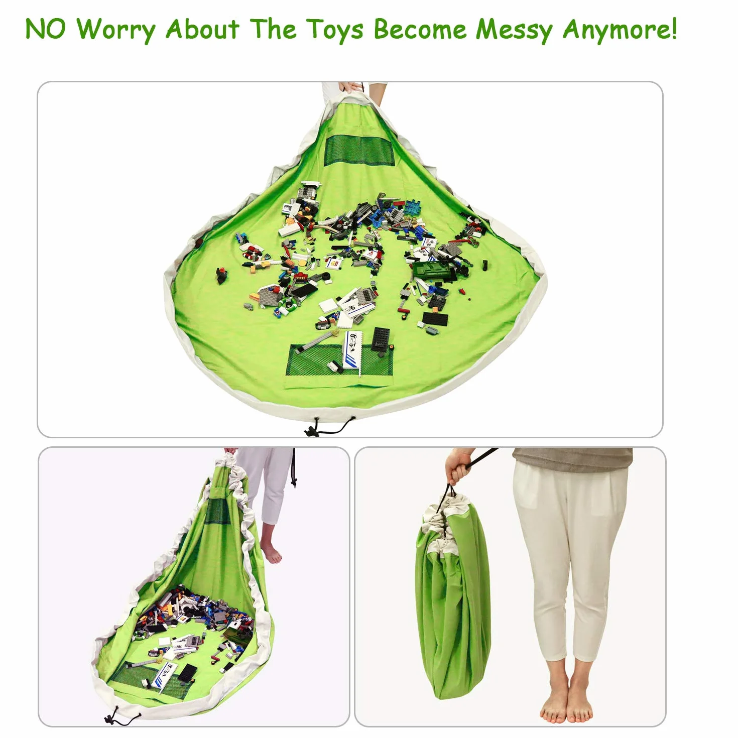 Borsa Per Giocattoli, BELLESTYLE Tela di cotone 150CM Tappetino da gioco per bambini Organizzatore di giocattoli Borsa rapida per Memorizzazione di giocattoli di piccole e medie dimensioni - Verde