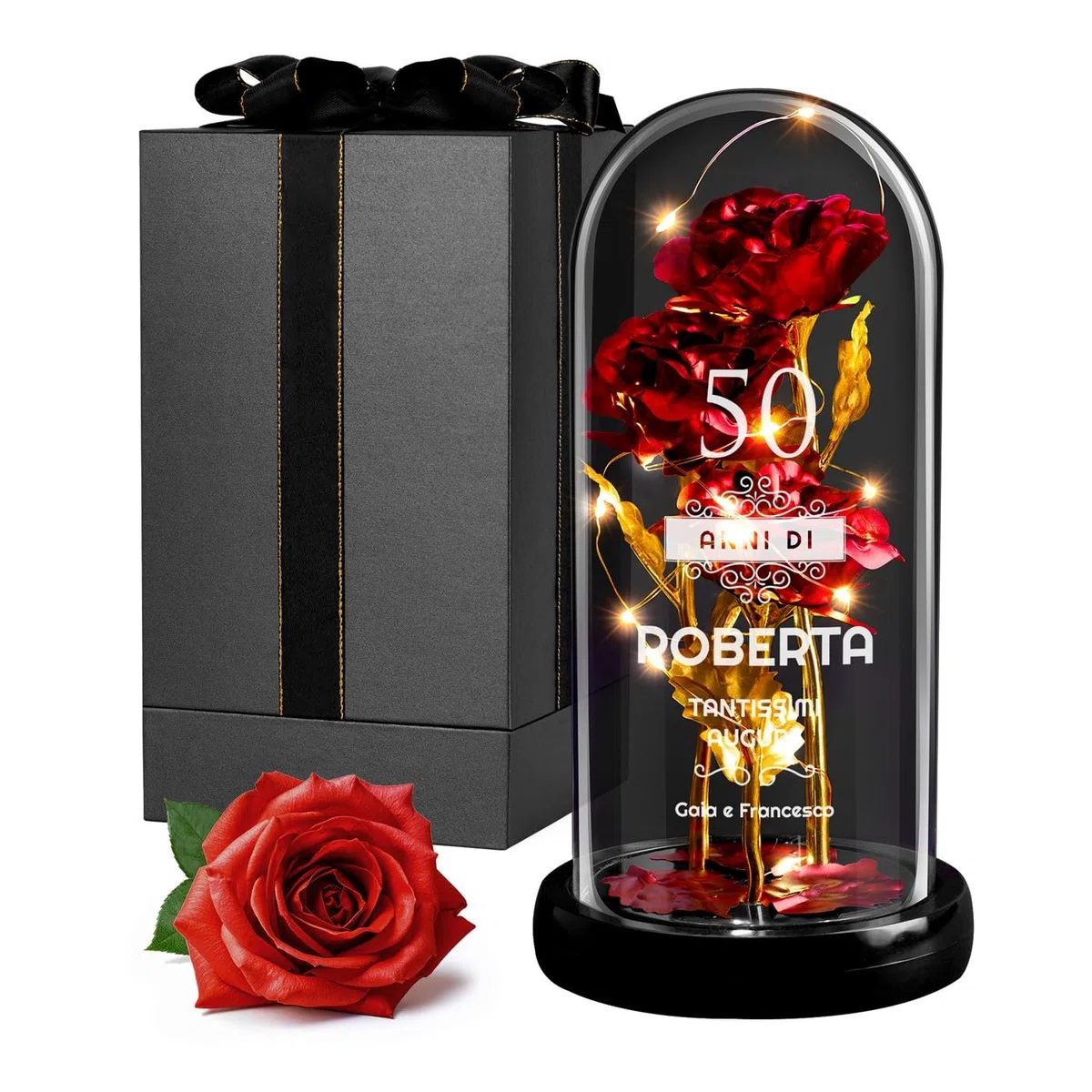 Maverton Rosa Stabilizzata con LED Personalizzata - Regalo Donna Compleanno Elegante - Rosa Eterna in Cupola di Vetro - Idee Regalo Donna - Dimensioni 21 cm x 11 cm