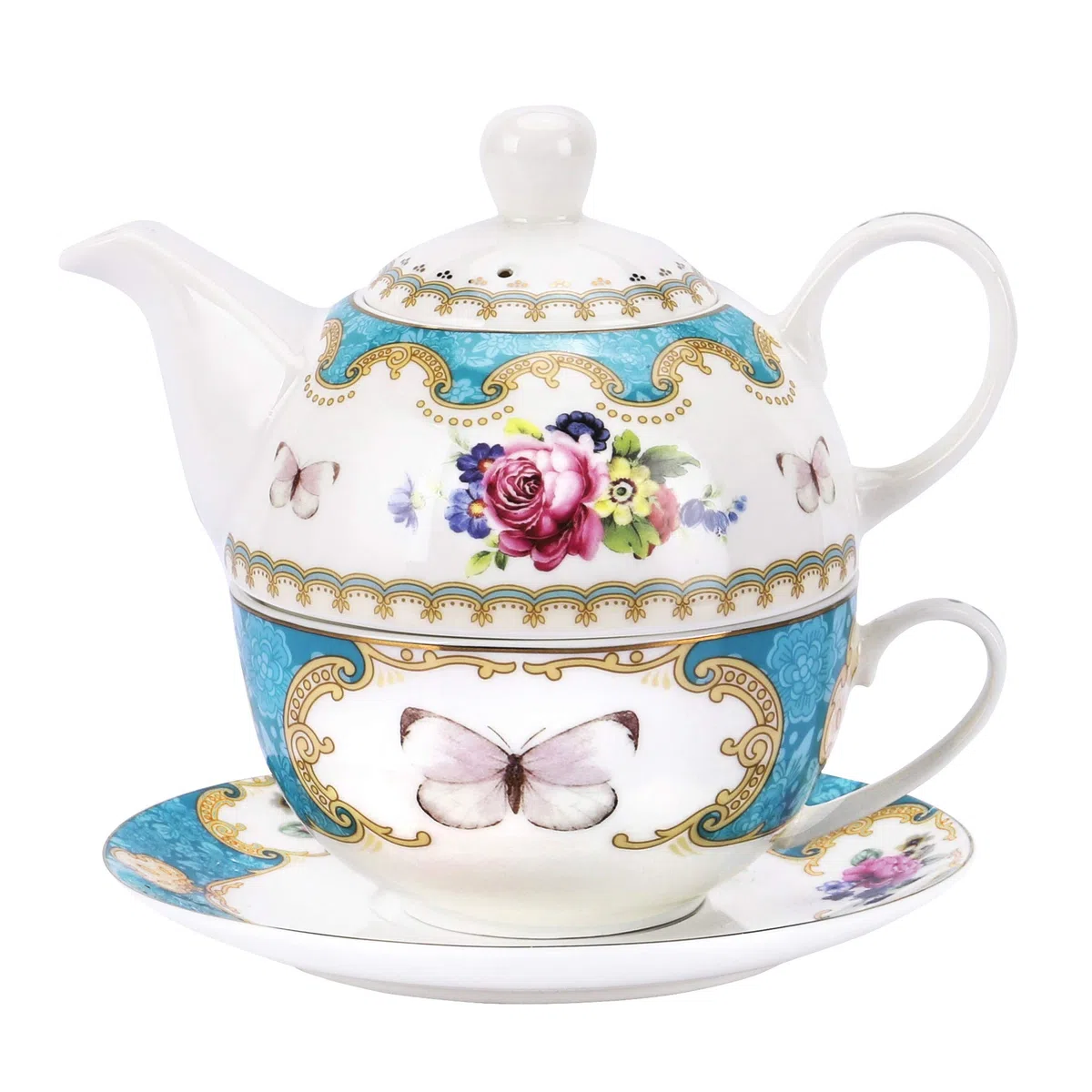 fanquare Servizio da Tè per Una Persona con Vintage Fiori di Rosa, Una Teiera con Tazza di Caffè e Piattino in Porcellana Turchese