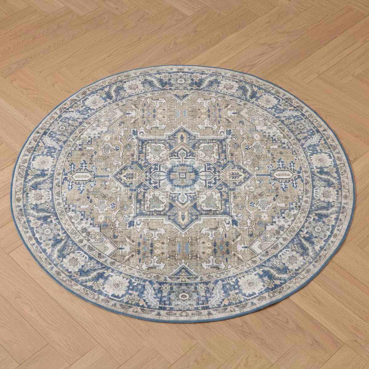 Kokia Round Vintage Orient Teppich 120 cm - Waschbarer Teppich mit Used-Look Medaillon Muster, Weich, Rutschfest, Fleckenfest, Flacher Flor, für Kinderzimmer, Leseecke, Terrasse, Blau