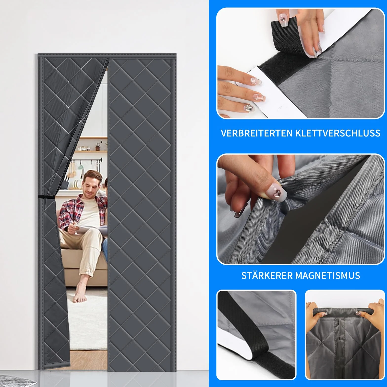 DIKER Tenda Magnetica Isolante per Porte 90 x 210cm, Termica Invernale, Anti Freddo, Oscuramento, Insonorizzazione, Chiusura Automatica, Grigio