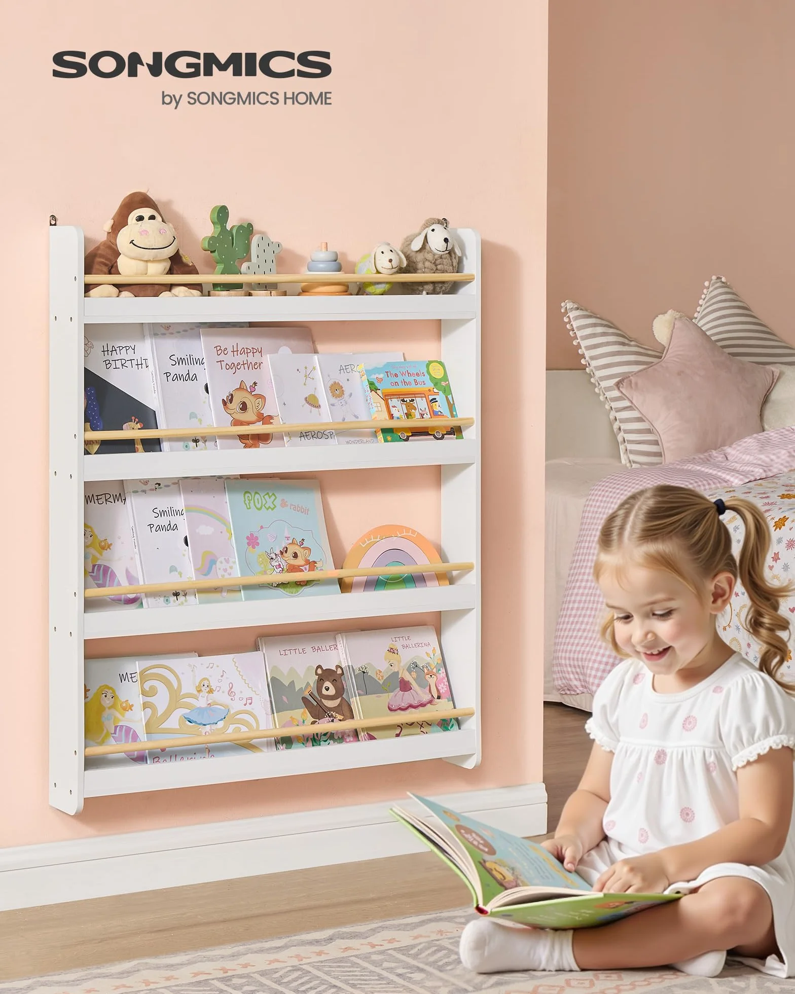 SONGMICS Libreria Montessoriana per Bambini, Scaffale per Giocattoli a 4 Ripiani, Libreria da Parete, Mobile per Cameretta Stanza dei Giochi, Bianco e Naturale GKR014W01