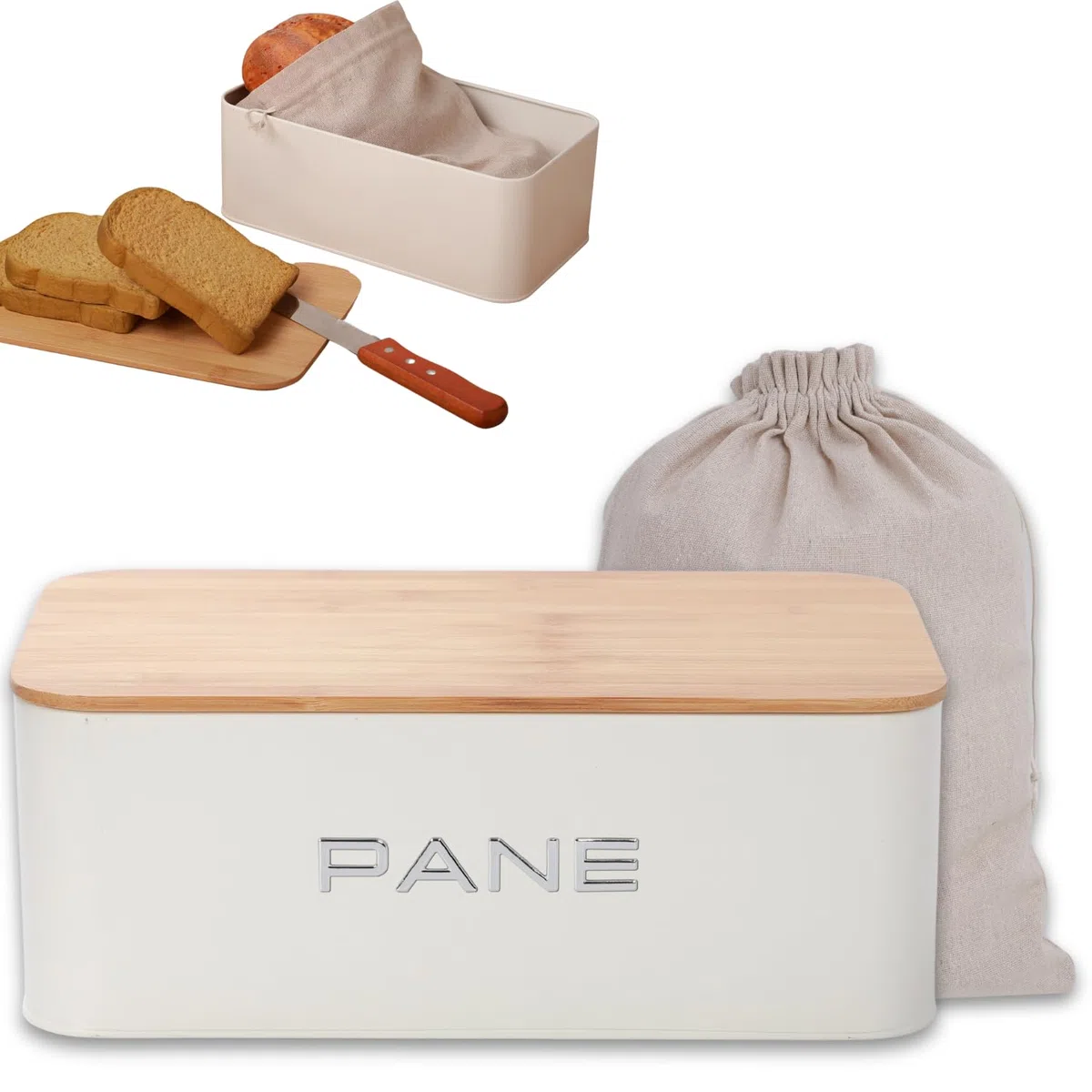 Porta pane da cucina con tapa in Bambù - Portapane moderno metallica con ventilazione, Contenitore Pane, Biscotti - Design Elegante, Include Sacchetto Cotone - 34x19x12.5 cm. - Bianco Opaco