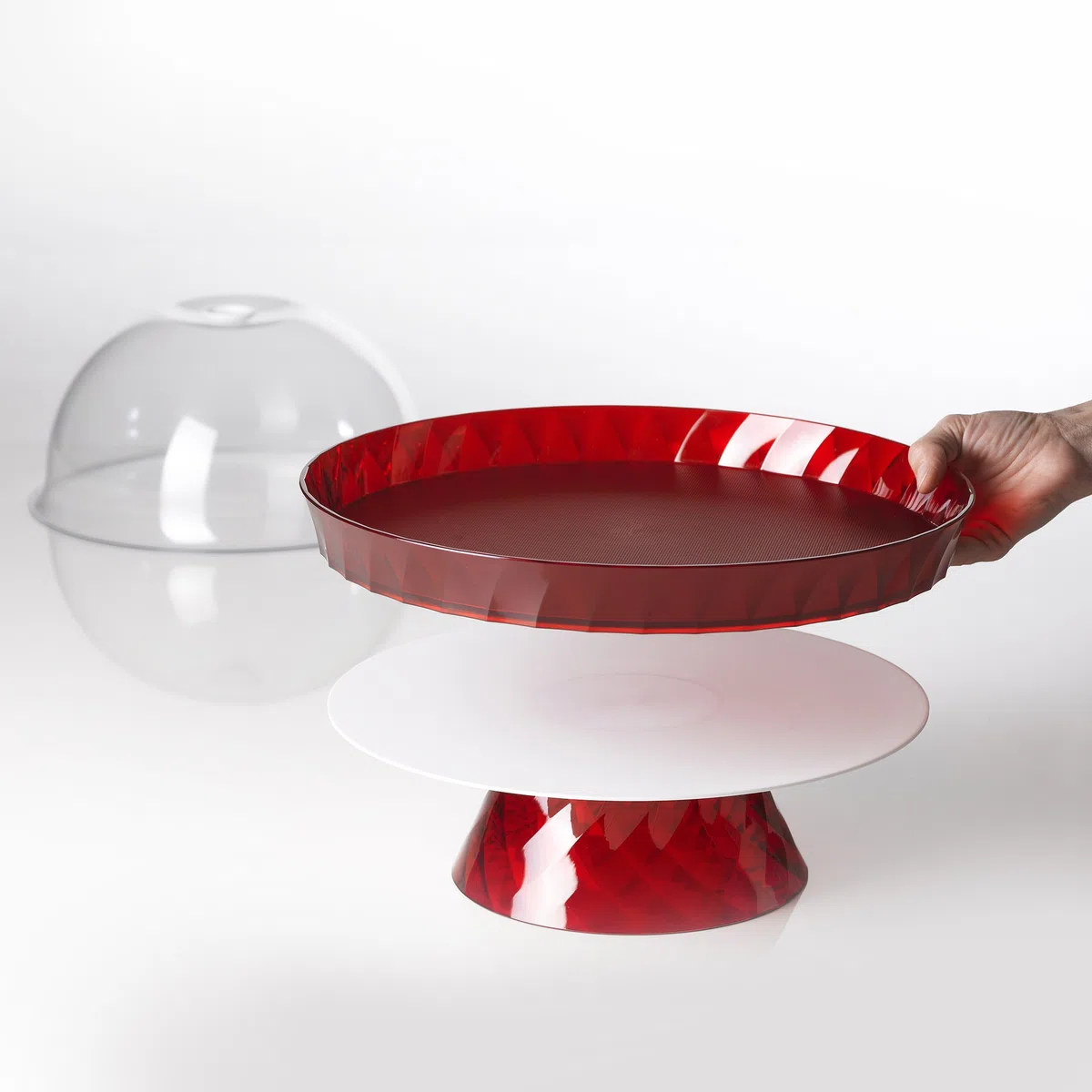 Omada Design Porta Torta con Alzata, Tortiera con Campana, Vassoio Double-face, Lavabile in Lavastoviglie, Made in Italy, Linea Diamond, Rosso
