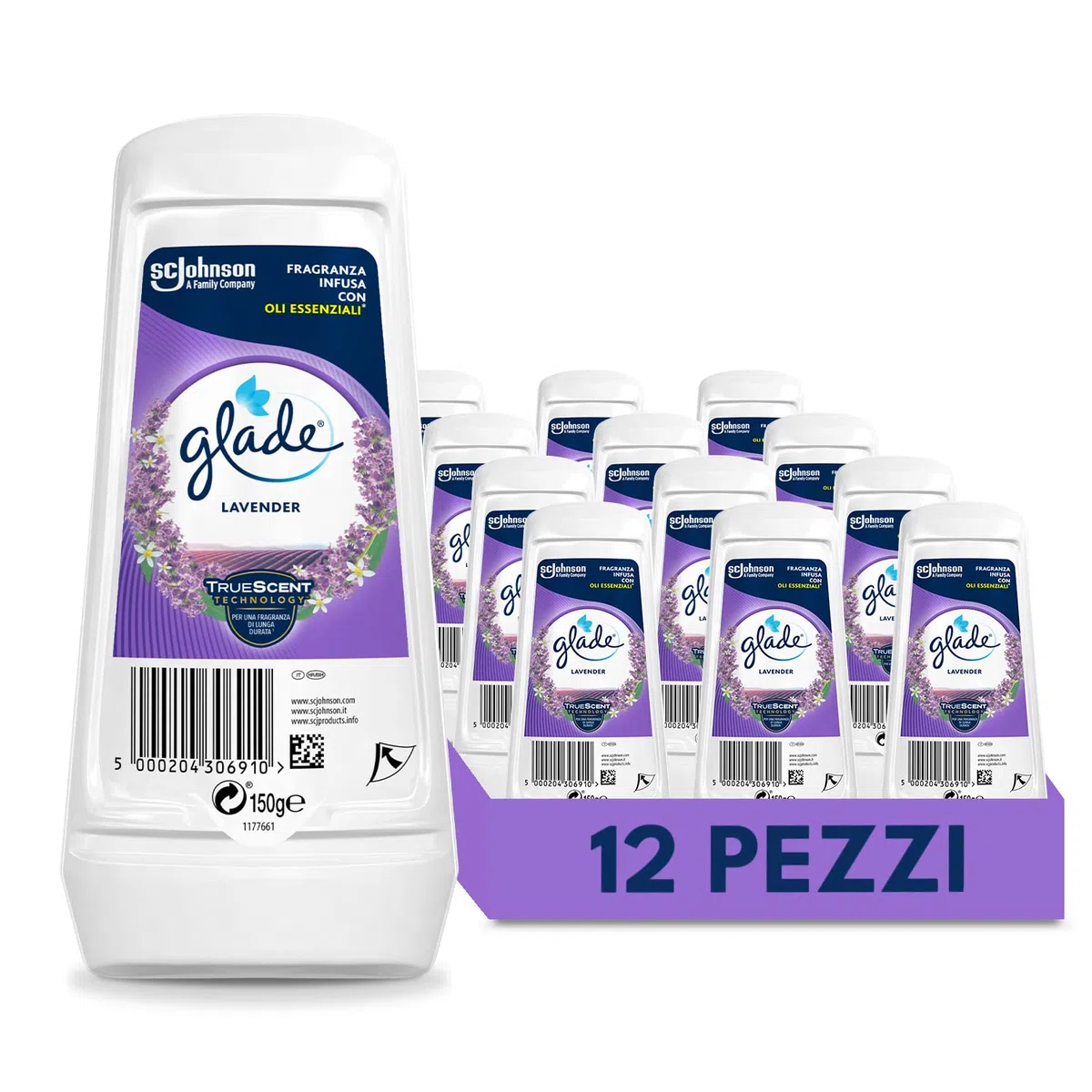 Glade Gel Assorbiodori Profumatore per Ambienti, Per Rinfrescare Stanze e Armadi, Fragranza Lavanda, Formato Scorta 12 Confezioni da 150 gr