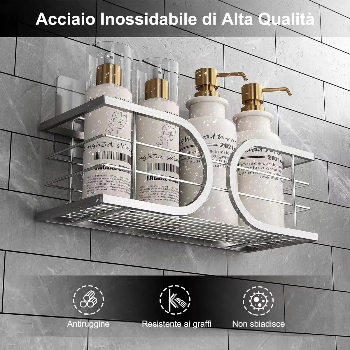 Mensola Doccia Adesiva Portaoggetti Doccia con Ganci 304 Acciaio Inox Resistente alla Ruggine per Shampoo, Spugne, Rasoi 2 Pezzi(Argento)