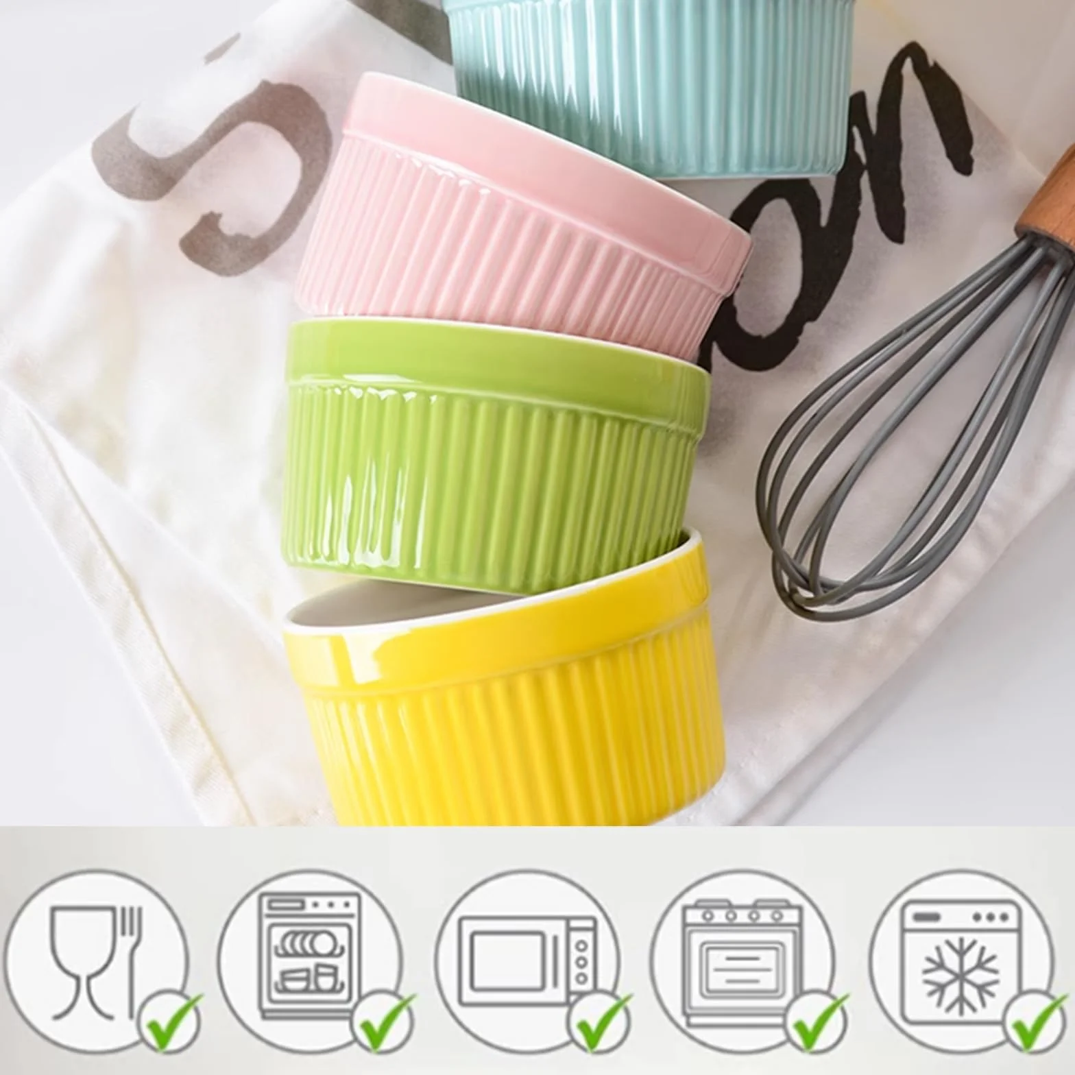 6X Stampi per Soufflé, Soufflé Forme da Forno, Ciotole di Ceramica per Creme Brulee, Stampi per Forno 200 mL Ciascuno per Crème Brulée, Muffin, Dolci e Pasticceria