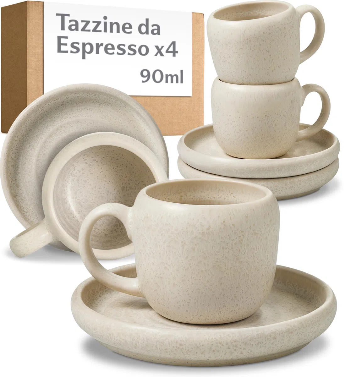 Cosumy Set di 4 Tazzine da Caffè Espresso con Piattini Bianche – Tazze 90 ml in Ceramica – Mantiene il Calore Più a Lungo – Tazzine Eleganti con Smaltatura Artigianale – Set Tazzine Caffe